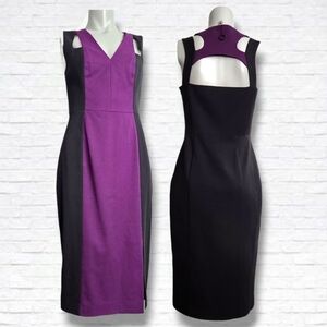 Black Halo Purple and Black Cut Out Form Fitting Midi Dress Size 6 NWOT
